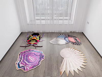 Unique Shaped Decorative Rugs On Wooden Floor In Modern Room With Window 3d model