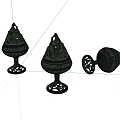 Three Piece Black Metal Decorative Ornament Set With Intricate Hollow Design And Ornate Base