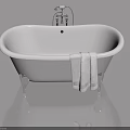 Elegant White Freestanding Bathtub with Silver Faucet and Hanging Towels in Gray Background