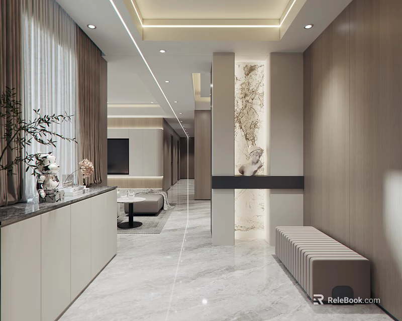 Modern Entryway Interior With Marble Floor Storage Cabinets And Decorations 3d model