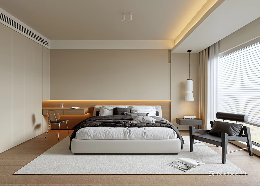 Modern Bedroom Interior Design With Minimalist Bedhead Lighting Soft Rug And Wooden Flooring Armchair 3d model 