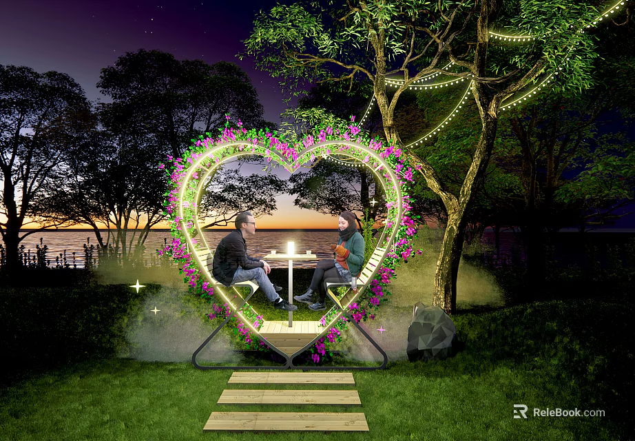 Romantic Outdoor Heart Shaped Flower Arch With String Lights And Sunset View 3d model 