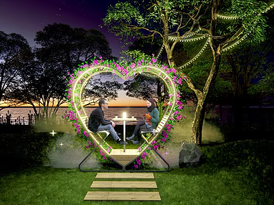 Romantic Outdoor Heart Shaped Flower Arch With String Lights And Sunset View 3d model