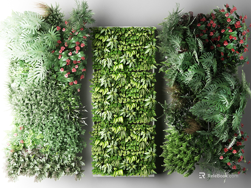 Lush Living Plant Wall Design With Mixed Greenery And Red Berries 3d model 