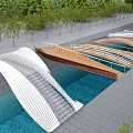 Landscape Bridge with Wooden Paths Curved White Arches over Blue Water and Green Trees