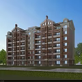 Multi Story Residential Building With Red Brick Exterior White Walls Balconies Green Lawns And Trees