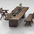 Rustic Wooden Tea Table With Chairs Bench Tea Set And Small Plant 3d model