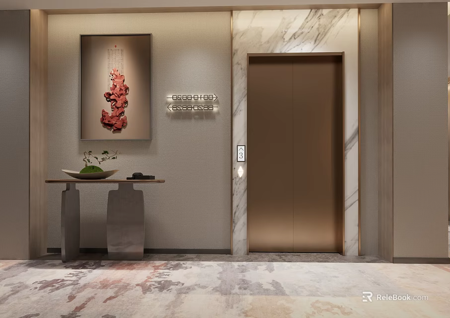 Modern Elevator Lobby With Marble Walls Red Art Console Table Green Plant Patterned Floor Tiles 3d model