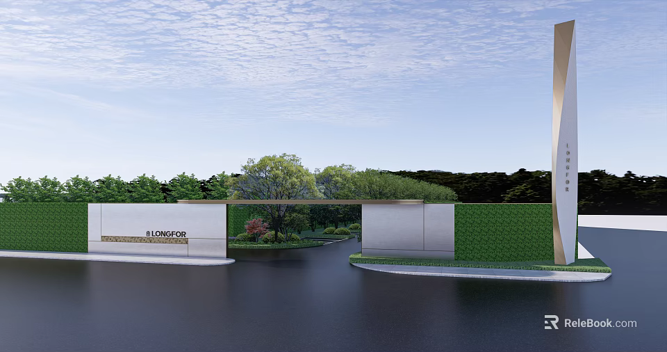 AT FORESTON Modern Entrance Gate With White Walls Curved Design And Natural Surroundings 3d model 