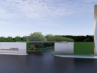 AT FORESTON Modern Entrance Gate With White Walls Curved Design And Natural Surroundings 3d model