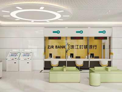 ZIR BANK Service Hall Modern Bright Interior With Counters Self Service Machines and Seating Areas 3d model