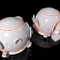 Futuristic White Spherical Pods with Orange Accents Window Door and Steps on Reflective Surface