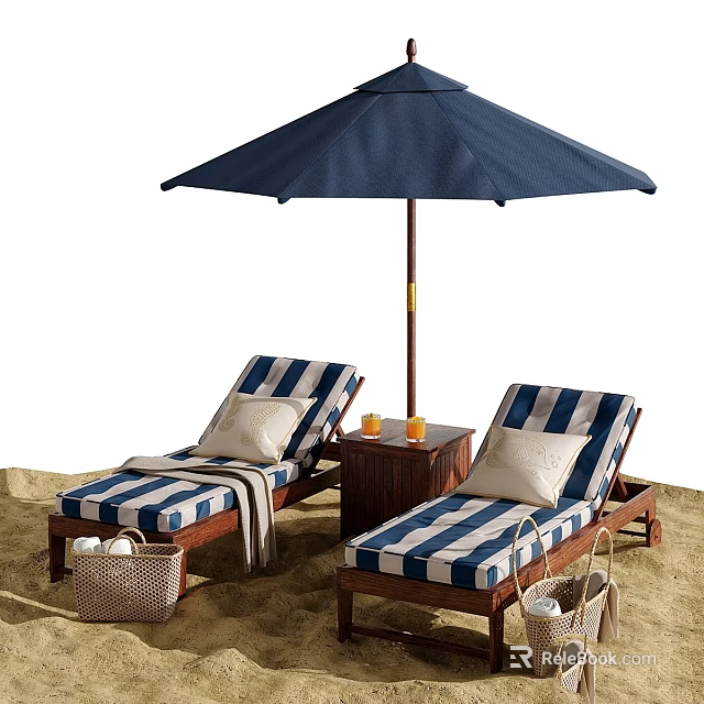 Cozy Garden Lounge Decor With Blue White Striped Chairs Navy Umbrella Wooden Table On Sand 3d model 