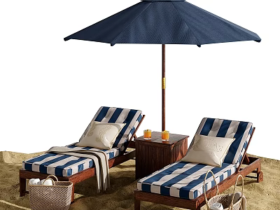 Cozy Garden Lounge Decor With Blue White Striped Chairs Navy Umbrella Wooden Table On Sand 3d model