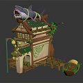 Cartoon Scene with Traditional Chinese Building Shark on Roof Small Boat and Green Plants