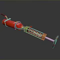Red Weapon with Black Handle Yellow Spring and Metal Structure on Reflective Surface 3d model