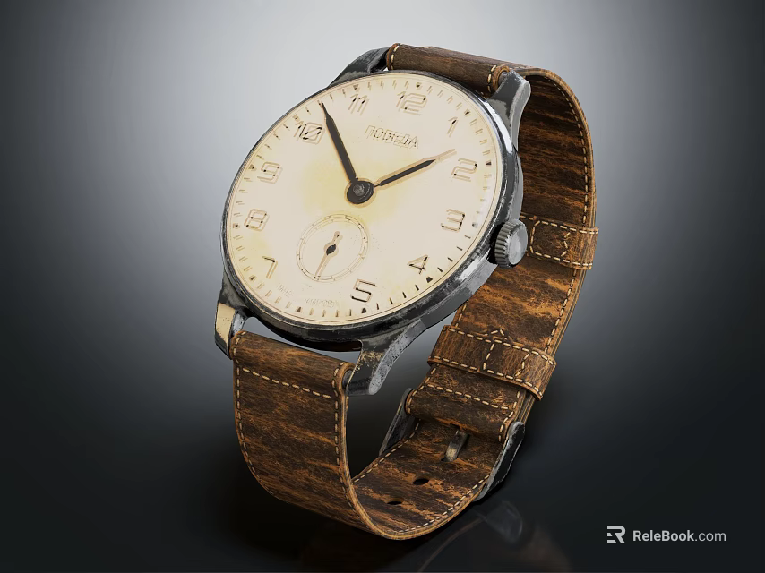 Vintage Watch With Ivory Dial Numerical Hour Markers And Brown Leather Strap 3d model 
