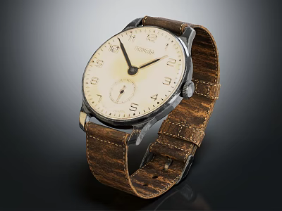 Vintage Watch With Ivory Dial Numerical Hour Markers And Brown Leather Strap 3d model