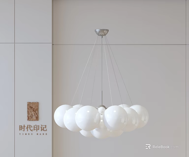 Modern White Spherical Chandelier Hanging From Ceiling In Minimalist Interior 3d model 