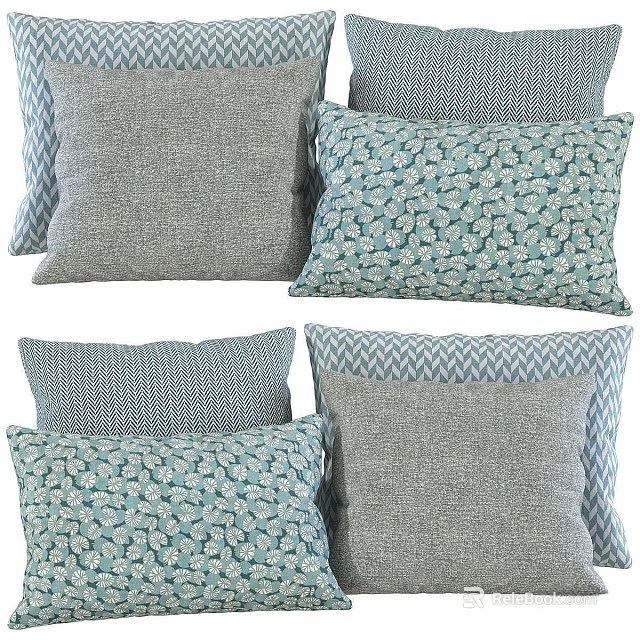 Assorted Decorative Pillows With Gray Teal Floral Chevron And Striped Patterns 3d model
