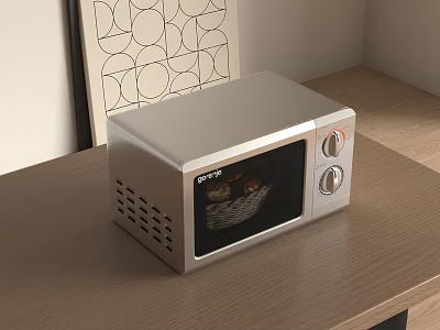 Silver Microwave Oven On Wooden Tabletop With Geometric Pattern Wall Art 3d model