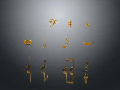 Golden Music Notes Themed Decorative Household Items With Shiny Reflective Surfaces 3d model