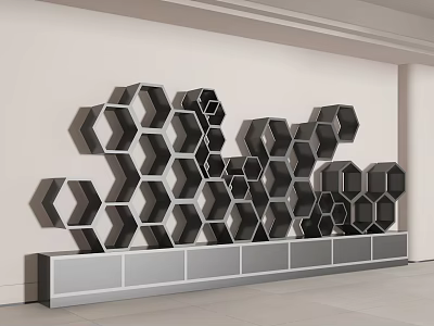 Modern Hexagonal Display Shelves With Silver Base Against White Wall Geometric Storage Unit For Retail 3d model
