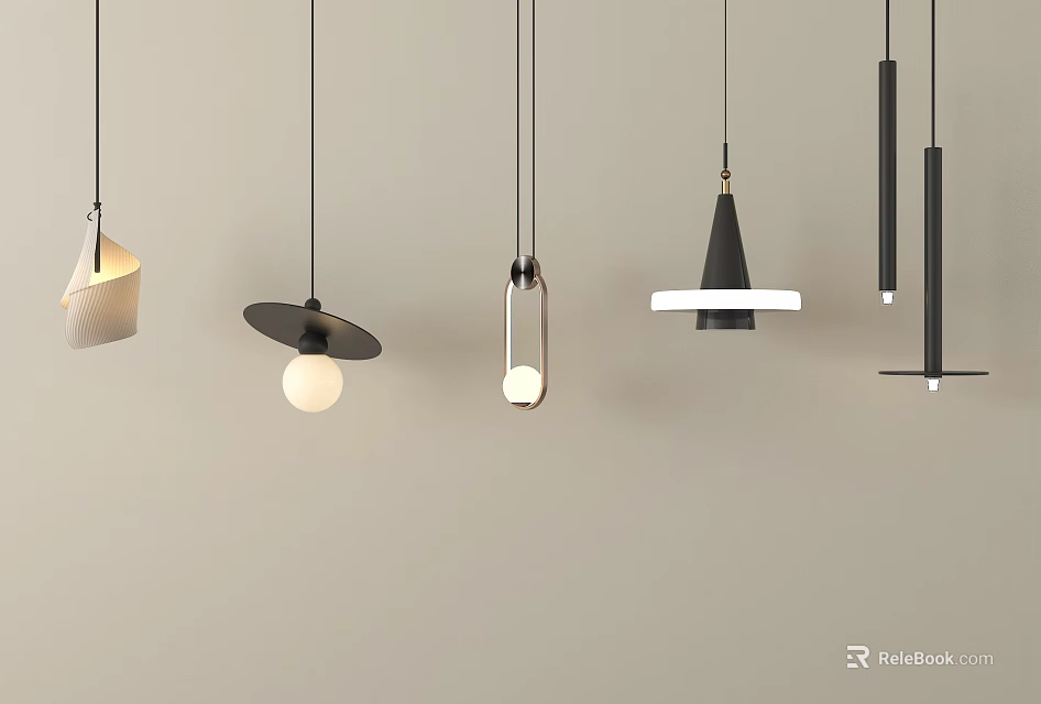 Modern Pendant Lights With Various Stylish Designs Hanging On Beige Wall 3d model