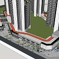 Urban Commercial Complex with High Rise Buildings Landscaped Plaza Greenery and Parking Vehicles