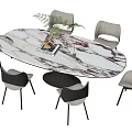 Modern Marble Oval Dining Table Set With Gray Black Chairs And Small Potted Plant