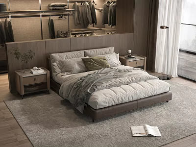 Modern Double Bed With Soft Bedding Nightstands Area Rug And Walk-in Closet 3d model