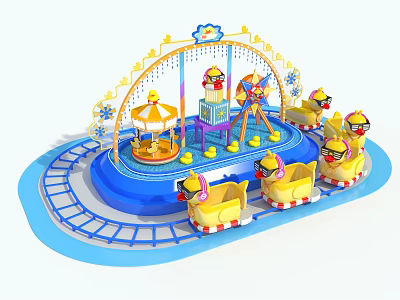 Colorful Amusement Rides with Carousel Mini Train and Duck Shaped Boats on Blue Track 3d model