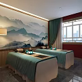 Chinese Style SPA Sauna Room with Wooden Loungers Landscape Painting and Green Curtains