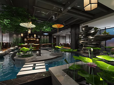 Traditional Tea House Interior With Lotus Pond Stone Landscape And Hanging Lanterns 3d model