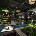 Traditional Tea House Interior With Lotus Pond Stone Landscape And Hanging Lanterns