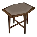 Square Wooden Stool With Beige Upholstered Seat And Cross Leg Structure