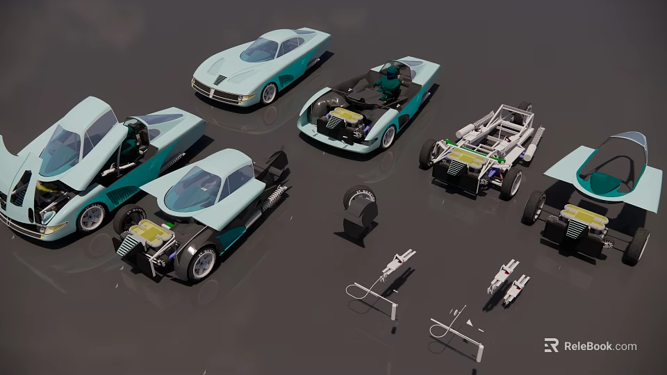 Teal Colored Car Models With Open Top Design And Engine Parts 3d model 