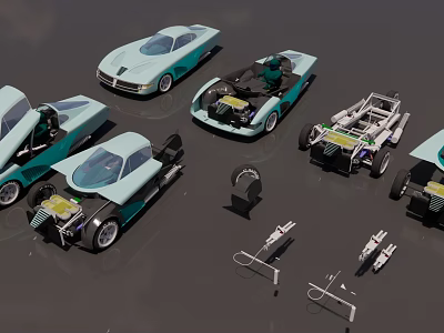 Teal Colored Car Models With Open Top Design And Engine Parts 3d model