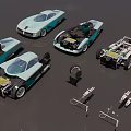 Teal Colored Car Models With Open Top Design And Engine Parts