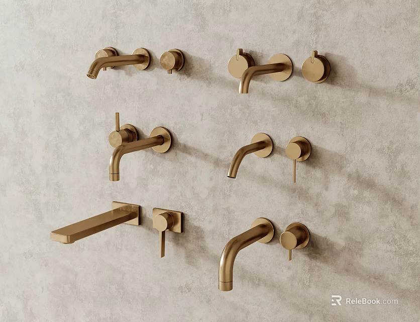 Modern Golden Wall Mounted Bathroom Faucets on Textured Grey Wall 3d model 