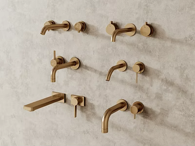 Modern Golden Wall Mounted Bathroom Faucets on Textured Grey Wall 3d model