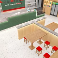 Chongqing Noodles Restaurant Green Wooden Interior With Order Counter Red Stools Menu Posters Ceiling Fans