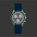 Stylish Sports Watch With Blue Strap Green Case And Silver Chronograph Dial