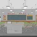 School Classroom Interior With Neat Desks Chairs Blackboard Digital Screen And Slogans