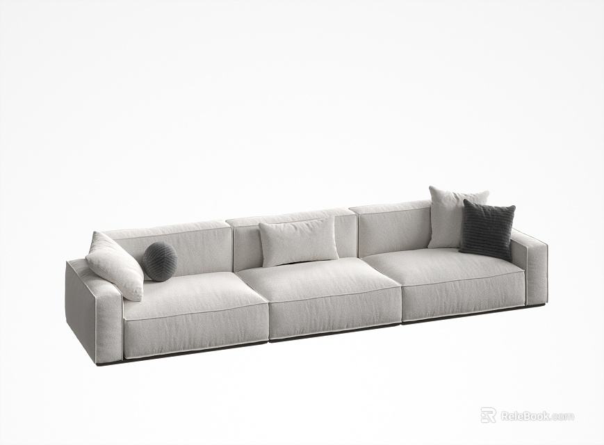 Modern Light Grey Fabric Three Seater Sofa With Plush Cushions And Decorative Pillows 3d model 