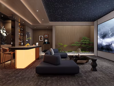 Modern Home Theater Interior Design with Starry Ceiling Large Screen and Comfortable Sofa 3d model
