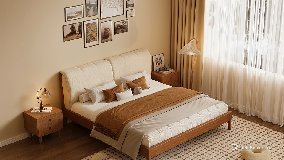 Bedroom With Wooden Bed White Bedding Brown Throw Side Tables Lamps Wall Art Curtains Sunlight 3d model 