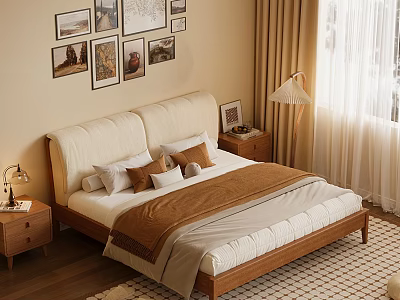 Bedroom With Wooden Bed White Bedding Brown Throw Side Tables Lamps Wall Art Curtains Sunlight 3d model