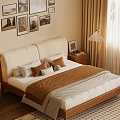 Bedroom With Wooden Bed White Bedding Brown Throw Side Tables Lamps Wall Art Curtains Sunlight