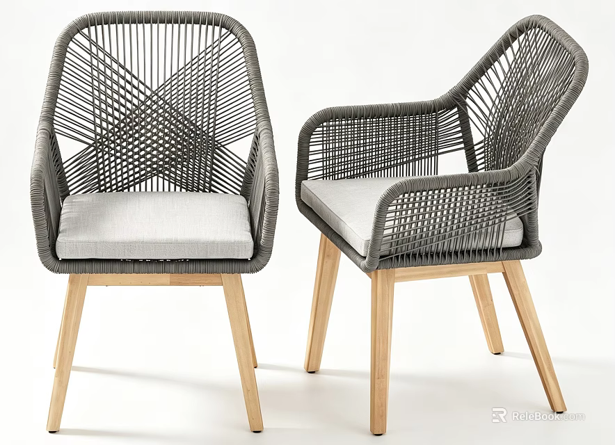 Woven Armchairs With Light Gray Cushions And Natural Wooden Legs Design 3d model 